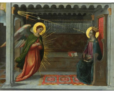 German School, possibly 16th century The Madonna, enthroned with an angel, inscribed, oil on copper panel, 32cm x 41cm 