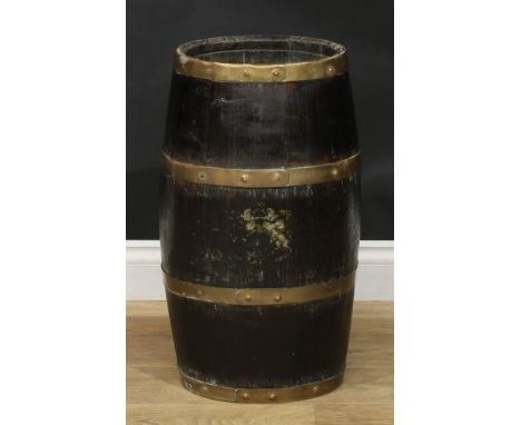 A coopered oak barrel-form walking stick or umbrella stand, polychrome traces of the royal coat of arms of the United Kingdom