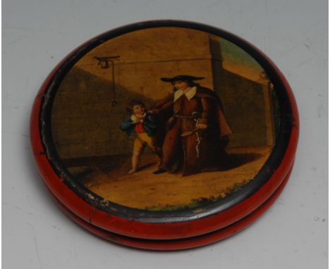 A 19th century papier mache circular snuff box, the cover transfer printed in polychrome, on a red ground, 9.5cm diam, c.1840