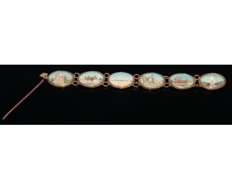 A late 19th century Indian six panel articulated bracelet, each oval framed miniature painted with a scene of Indian grandeur