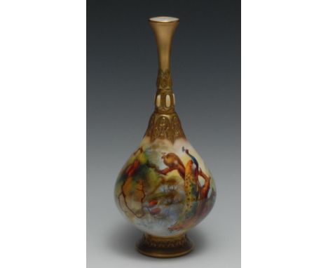 A Royal Worcester bottle vase, painted by F J Bray, signed,  painted with peacocks and pine cones, 25cm high, crown and circl