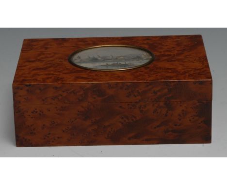 An Austrian amboyna playing card box, by Carl Hiess, Wien [Vienna], hinged cover set with an engraved landscape vignette mini