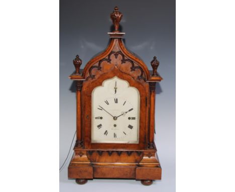 A William IV/early Victorian Gothic Revival pollard oak repeating musical bracket clock, 17cm lancet arched painted dial insc