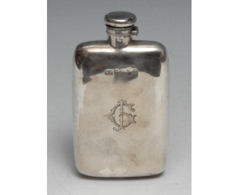 A Victorian silver rounded rectangular hip flask, hinged domed bayonet cap, crested, 13cm high, Hilliard & Thomason, Birmingh