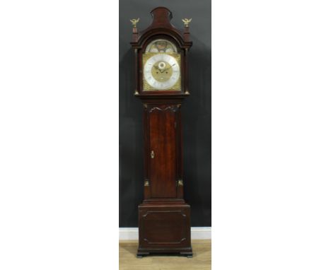 A George III mahogany longcase clock, 34cm arched brass dial inscribed Thos Ogden, Halifax, silvered chapter ring, Roman and 