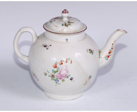 A Derby globular teapot and cover, painted in polychrome with flowers, 19.5cm high, c.1770