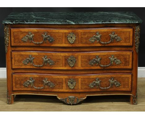 A Louis XV Revival French Régence style serpentine commode, serpentinite breccia verde antico marble top above three long dra