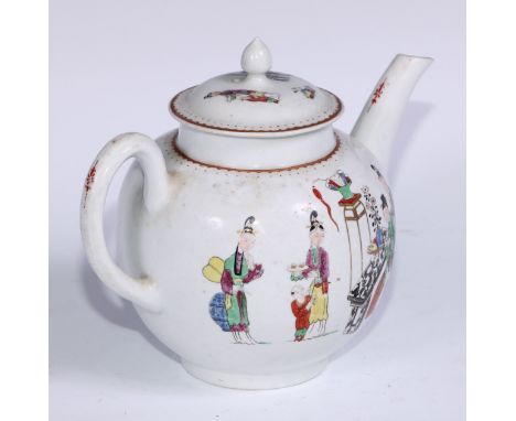 A Worcester Chinese family pattern globular teapot, decorated in polychrome picked out in gilt, 21cm long, c.1770 