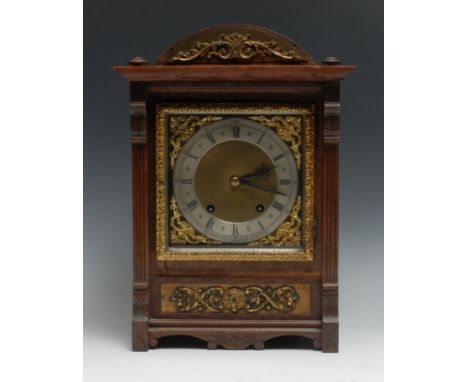 A 19th century gilt metal mounted oak bracket clock, 16cm square brass dial with silvered chapter ring inscribed Camerer Kuss