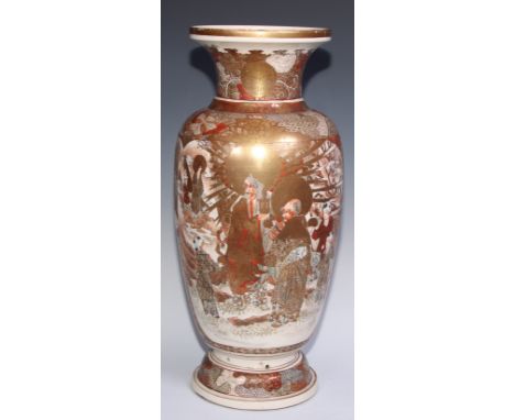 A large Japanese satsuma ovoid vase, painted and gilt with figures, to verso with birds and a cage of crickets, 59cm high, Me