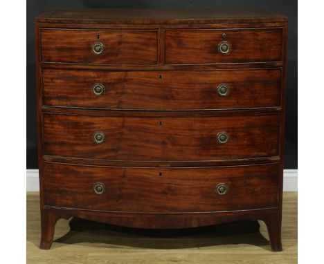 A Regency mahogany bowfront caddy-top chest, of two short and three long graduated cockbeaded drawers, bracket-form base, 103