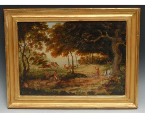 English School (19th century)A set of three, Hunting Scenesoil on metal panel, 26.5cm x 38cm 