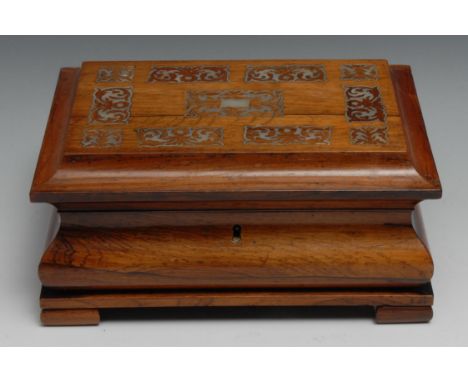 A George IV rosewood and mother of pearl marquetry bombe shaped sarcophagus work box, hinged cover enclosing a fitted lift-ou