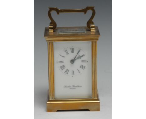 A lacquered brass carriage timepiece, 5.5cm rectangular enamel clock dial inscribed Charles Frodsham, England, Roman numerals