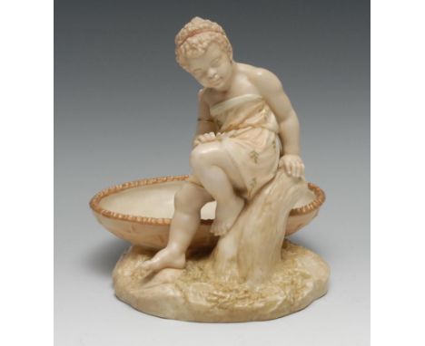 A Royal Worcester Hadley figural bowl, Africa, seated on an oval basket, 19.5cm high, printed crown and circle mark, date cod