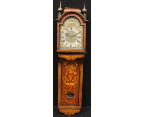 An 18th century Dutch marquetry hooded wall clock, 26cm arched brass dial inscribed Arnoldus Hermans, Amsterdam, silvered cha