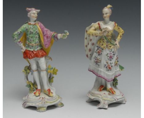 A pair of early Derby Patch Mark figures, the Ranelagh Dancers, the gallant attired in a tricorn hat, doublet, hose and cloak