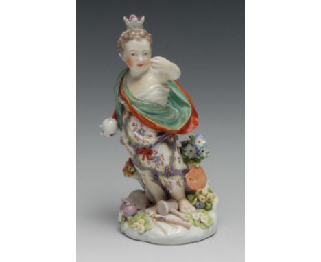 A Derby Patch Mark figure, Europe, she stands wearing flowing robes, wearing a crown and holding an orb, in polychrome, 22cm 
