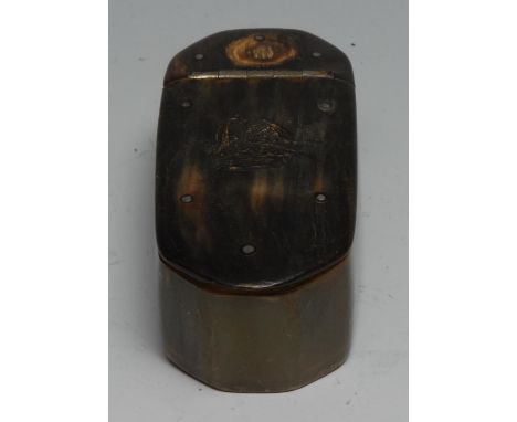 A George III horn canted rectangular armorial snuff box, probably Scottish, the hinged cover with cover with heraldic crest, 