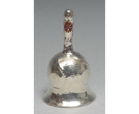 Tiffany &amp; Co - an American silver and enamel table bell, the handle decorated with flowers, 10cm high, c.1900, 120g gross