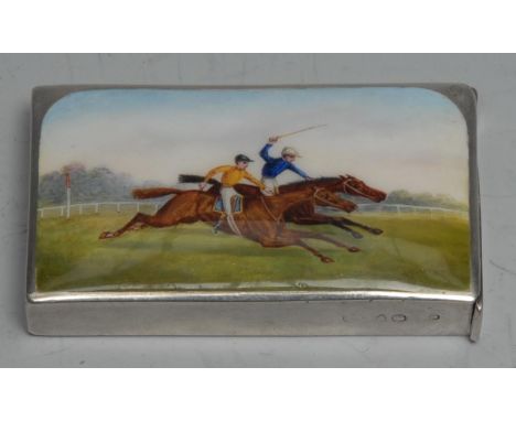 A Victorian silver and enamel rectangular novelty vesta case,   of horse racing equestrian interest, decorated in polychrome 