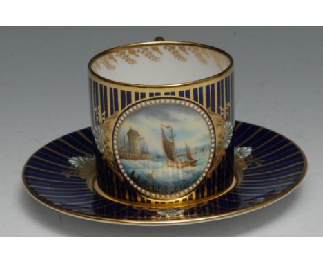 A Lynton cabinet coffee can and stand, painted by Stefan Nowacki, signed with initials, with boat weathering a storm, within 