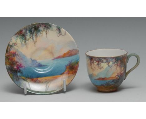 A Royal Worcester cabinet cup and saucer, painted  by Sedgley, signed,  with Italian coast, printed marks in puce, date code 