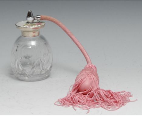 An Elizabeth II silver and guilloche enamel atomiser, decorated in polychrome with roses on an engine turned ground, 11.5cm h