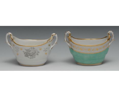 A Barr Flight and Barr Worcester boat shaped sucrier, printed in monochrome with flowers and gilt leaf sprigs, 19cm wide, imp
