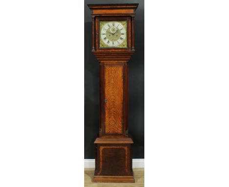 A mid-18th century crossbanded oak longcase clock, 30cm square brass dial with silvered chapter ring inscribed J. Clayton, Ma