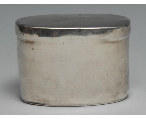 A late 19th century silver coloured metal oval travelling box or caddy, hinged cover, gilt interior, 8.5cm wide, retailed by 