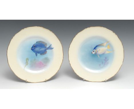 A pair of Royal Worcester  circular plates,  painted by Harry Ayrton, signed, with Blue Angel and Sergent Fish, yellow border