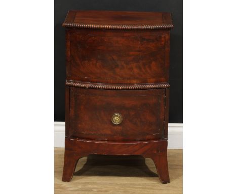 A 19th century mahogany bowfront bedroom cabinet, hinged top with reel-moulded edge above a pot cupboard door, ring handle, c