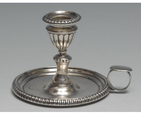 Matthew Boulton - a George III silver chamber stick, half-fluted urnular sconce, gadrooned borders, ring handle with oval thu