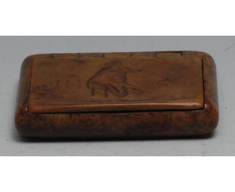 Napoleonic Interest - a 19th century burr wood snuff box, hinged cover decorated with Napoleon Bonaparte surveying a battle f