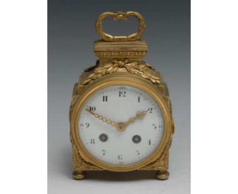 A 19th century French ormolu pendule d’officier table clock, 10cm convex enamel dial inscribed with Arabic numerals, twin win