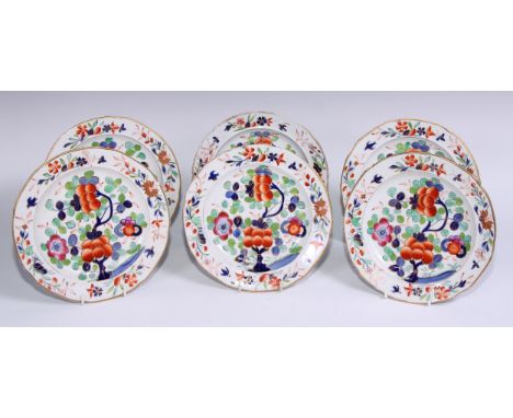 A set of six English ironstone dessert plates, painted and gilt with flowers, 20.5cm diam, c.1820 