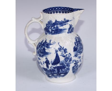 A Caughley Fisherman and Cormorant pattern cabbage leaf moulded jug, mask spout, 22cm high, c.1785 