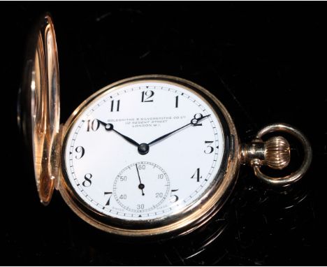 A 9ct gold half hunter pocket watch, white enamel dial, Arabic numerals, subsidiary seconds dial, 7cm over suspension loop, m