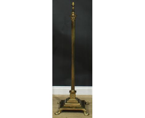 Interior Design - a brass floor lamp, Corinthian column, stepped square base, paw feet, 131cm high over fitting 