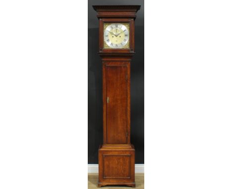 A mid-18th century oak longcase clock, 30cm square brass dial with silvered chapter ring inscribed Willm Wallen, Henley Oxon,