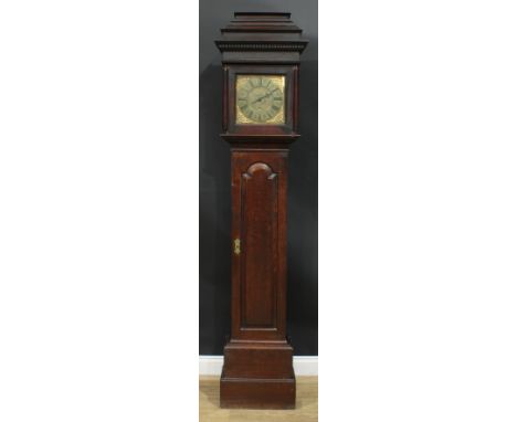 An 18th century oak longcase clock, 25cm square brass dial with Roman numerals, date aperture, 30 hour movement striking on a