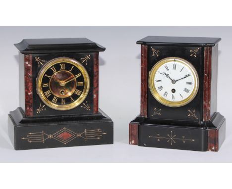 A 19th century French black slate and rouge marble mantel timepiece, 9cm enamel clock dial inscribed with Roman numerals, eig