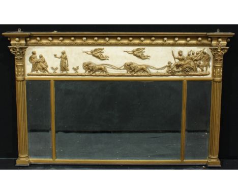 A 19th century giltwood and gesso chimney glass, moulded cornice applied with a row of spheres above a deep entablature mould