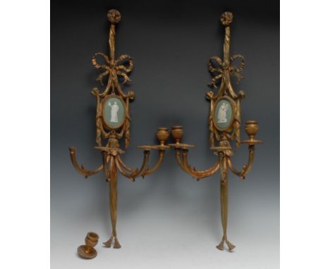 A pair of Adams style gilt metal wall lights, set with Wedgwood green jasper ware panel, ribbon tied and cast with drapes, 70
