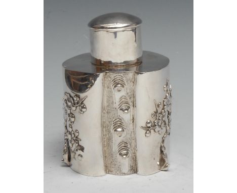A Chinese silver prunus root shaped tea caddy, applied with blossoming branches, push-fitting cover, 12cm high, maker KC, Can
