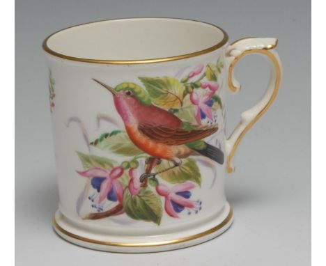 A Royal Worcester mug,  painted by Hopewell, with a song bird perched on fuschia, gilt line borders, 7.5cm high, printed mark