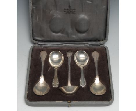 Georg Jensen - a Danish silver Lily of the Valley/Rose pattern afternoon tea service, comprising a pair of caddy spoons, a pa