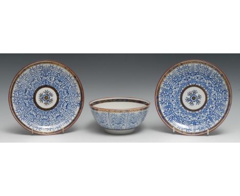 A pair of Worcester Royal Lily pattern saucer dishes, 19.5cm diam, c. 1790;  a similar bowl, 16.5cm diam (3) 