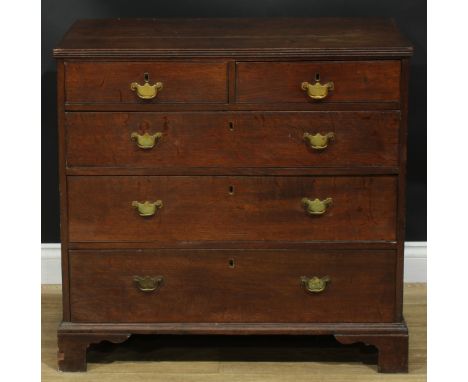 A George III oak chest, rectangular top with reeded edge above two short and three long graduated drawers, skirted base, brac